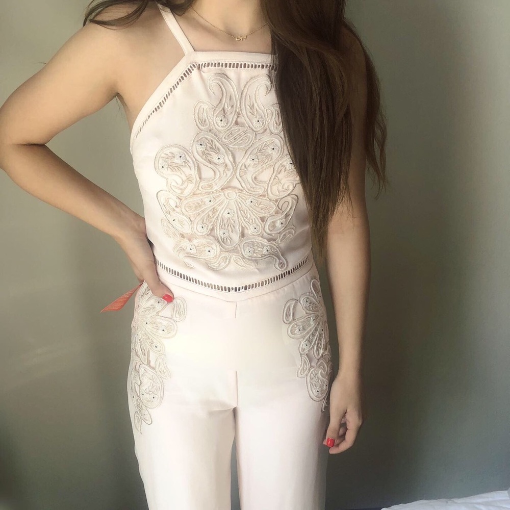 Embellished light pink halter jumpsuit